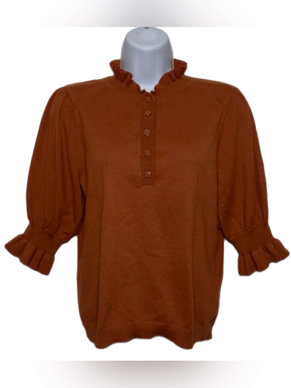 Rio & Rian New York Ruffle Collar Henley Top For Women in Rust, Size PM